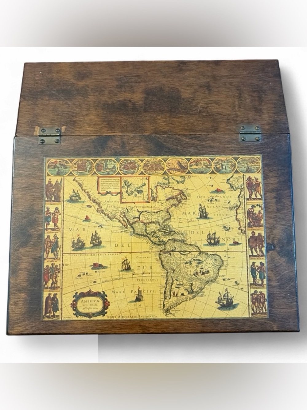 Vintage Wooden Decoupage Old World Map Motif Hinge Lid Storage Box Classic Decor